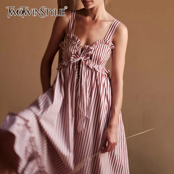 TWOTWINSTYLE Striped Bow Women's Dresses V Neck Spaghetti Strap High Waist Ruched Ruffles Dress For Female Fashion 2020 Clothing 
TWOTWINSTYLE Striped Bow Women's Dresses V Neck Spaghetti Strap High Waist Ruched Ruffles Dress For Female Fashion 2020 Clothing