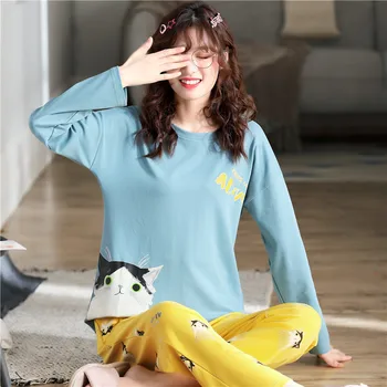 2020 New Women's Pajamas Long Sleeve Pants Casual Korean Version Cute Cartoon Cat Pattern Home Clothes Two Piece Set 
2020 New Women's Pajamas Long Sleeve Pants Casual Korean Version Cute Cartoon Cat Pattern Home Clothes Two Piece Set