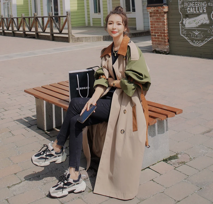 Brand New Fashion Womens Trench Coat Colorblock Long Double-Breasted with Belt Lady Windbreaker Spring Autumn Outerwear Clothes