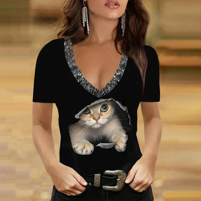 

Женская футболка с принтом кошки, модная Веселая свободная футболка с коротким рукавом, большие размеры, летний мягкий удобный пуловер в стиле ретро с V-образным вырезом, Топ