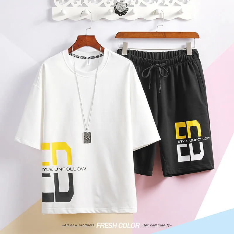 Men's two-piece short-sleeved T-shirt summer elastic lace-up shorts Japanese net red loose suit type male letter printing casual
Men's two-piece short-sleeved T-shirt summer elastic lace-up shorts Japanese net red loose suit type male letter printing casual