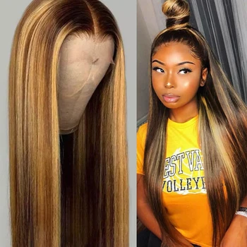 

Mshere Honey Blonde Brown Ombre Lace Front Wigs 13x4 Peruvian Remy Human Hair Wigs Highlight Color 4/27 Pre-Plucked Hairline