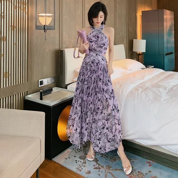Summer High-end Vacation chiffon Dress Halter Backless Hollow Out Sexy Asymmetrical Dress Women Vintage Print Floral Party Dress
Summer High-end Vacation chiffon Dress Halter Backless Hollow Out Sexy Asymmetrical Dress Women Vintage Print Floral Party Dress