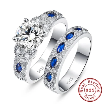 High Quality White CZ&Sapphire Solid Real Sterling Silver Jewelry 2 Pcs Wedding Engagement 925 Silver Jewelry Ring Set 
High Quality White CZ&Sapphire Solid Real Sterling Silver Jewelry 2 Pcs Wedding Engagement 925 Silver Jewelry Ring Set