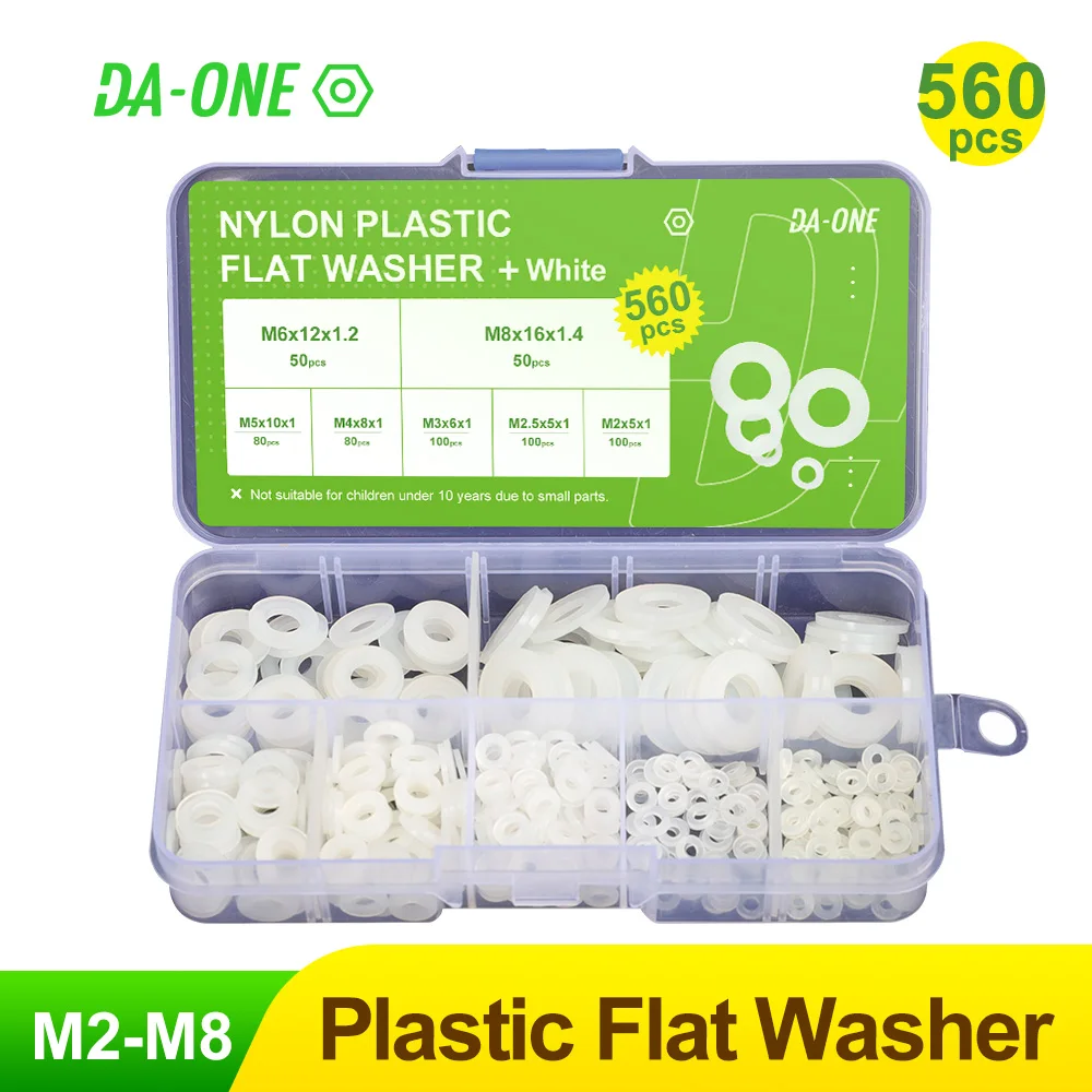 DA-ONE 560pcs White/Black Nylon Plastic Flat Washer set M2/M2.5/M3/M4/M5/M6/M8 Plastic Washer Insulation Leak-proof Gaskets Kit
DA-ONE 560pcs White/Black Nylon Plastic Flat Washer set M2/M2.5/M3/M4/M5/M6/M8 Plastic Washer Insulation Leak-proof Gaskets Kit