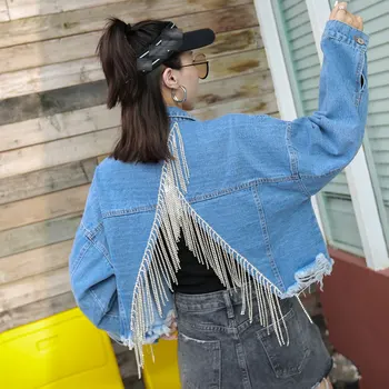 2020 Autumn New Casual Fashion Temperament Women Coat Loose Plus Inlaid Rhinestone Tassel Back Split Denim Jacket Female 
2020 Autumn New Casual Fashion Temperament Women Coat Loose Plus Inlaid Rhinestone Tassel Back Split Denim Jacket Female