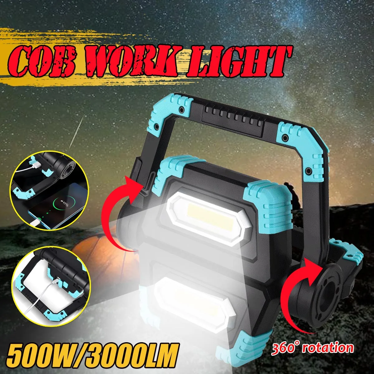 Cob Work Light 500W Led Portable Spotlight 3000LM Super-Bright USB lantern Camping Outdoor Lighting rechargeable Led Flashlight
Cob Work Light 500W Led Portable Spotlight 3000LM Super-Bright USB lantern Camping Outdoor Lighting rechargeable Led Flashlight