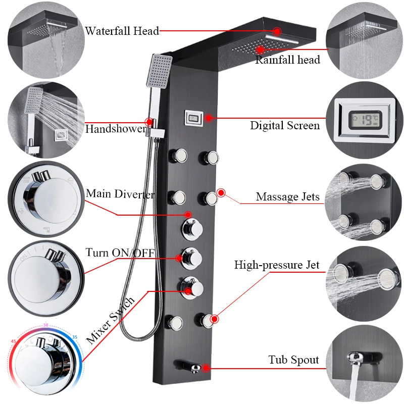 Black-Bath-Shower-Thermostatic-Mixer-Shower-Panel-Rainfall-Waterfall-Massage-Jets-Shower-Column-Shower-Faucet-Tower