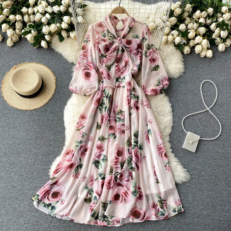 Women Elegant Bow Collar Retro Print Dress