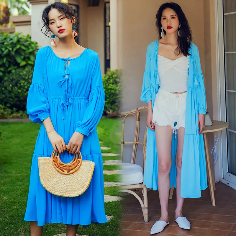 

Long Blue Women Tropical Beach Dress 2-wearing-way Summer Elegant Long Sleeves Casual Party Vacation Dress Korean Runway 2020