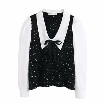 Spring 2020 women's new V-shaped Polo color block fabric long sleeve bow top twill soft tweed block top 08351022064
Spring 2020 women's new V-shaped Polo color block fabric long sleeve bow top twill soft tweed block top 08351022064