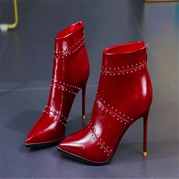 Temperament style wine red pointed stiletto heels women's elegant rivets zipper boots bare boots
Temperament style wine red pointed stiletto heels women's elegant rivets zipper boots bare boots