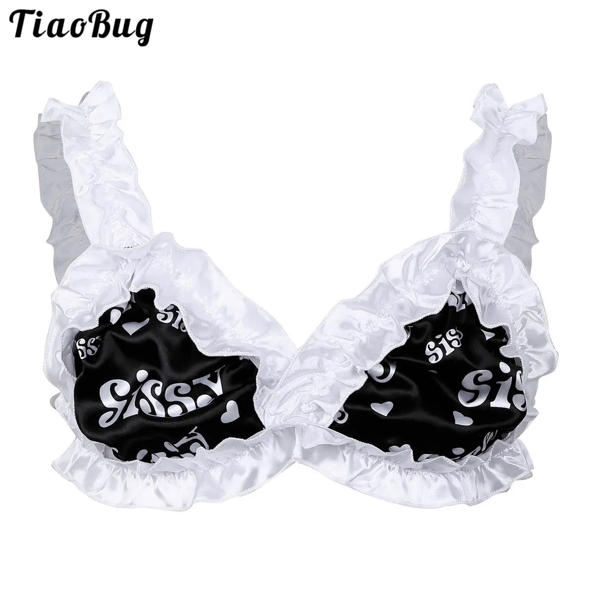 TiaoBug Mens Sissy Lingerie Bra Soft Satin Letter Printed Frilly Ruffled Elastic Wide Shoulder Straps Wire-Free Unlined Top
TiaoBug Mens Sissy Lingerie Bra Soft Satin Letter Printed Frilly Ruffled Elastic Wide Shoulder Straps Wire-Free Unlined Top
