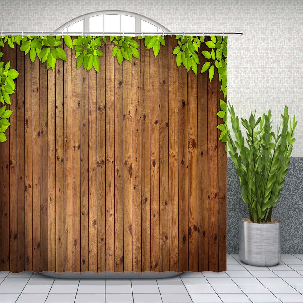 

Leaves theme Shower Curtains Green Plants Leaf Wooden Board Background Bathroom Decor Waterproof Cloth Curtain Set Cheap