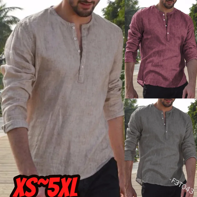 

Cotton Linen Shirt Men Casual Long Sleeve Oversize Tops Camisa V Neck Boho Style Mens Shirts Plus Size M-5xl #