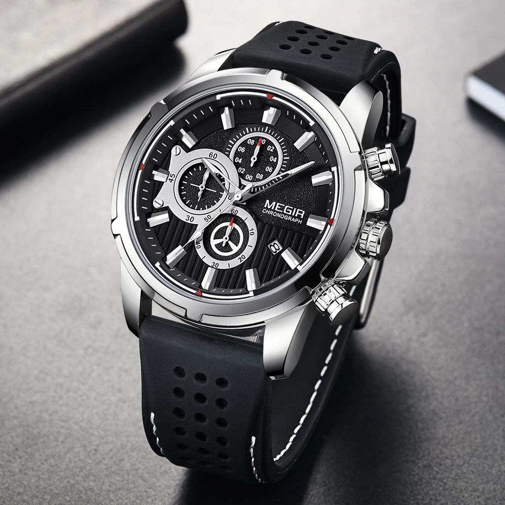 Мужские часы Топ бренд класса люкс MEGIR силиконовые военные спортивные хронограф