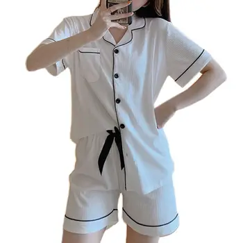 

Women Short Sleeve Pajamas Set Ribbed Notch Lapel Button Down Lounge Sleepwear 83XF