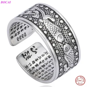 

BOCAI 999 sterling silver rings jewelry Pisces Heart Sutra 925 pure silver open ring Thai silver retro engraved Scripture ring