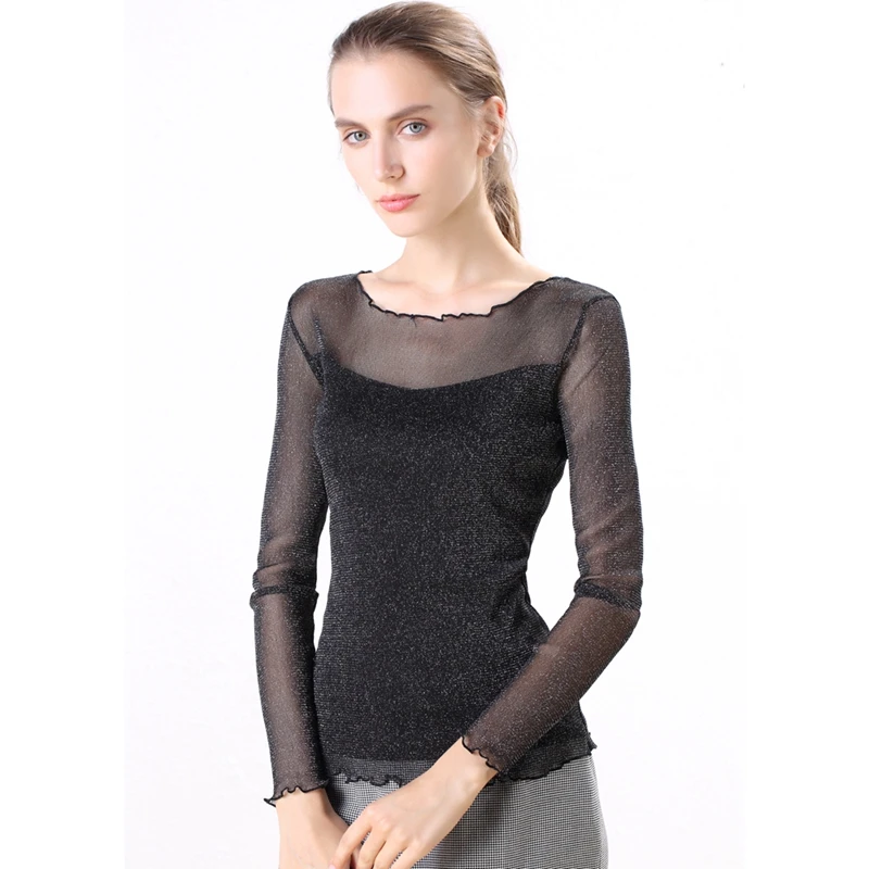 Fashion Spring Autumn Sexy flash yarn blend Mesh O-Neck solid colour wavy selvedge slim lady Bottoming T-Shirt Tops
Fashion Spring Autumn Sexy flash yarn blend Mesh O-Neck solid colour wavy selvedge slim lady Bottoming T-Shirt Tops