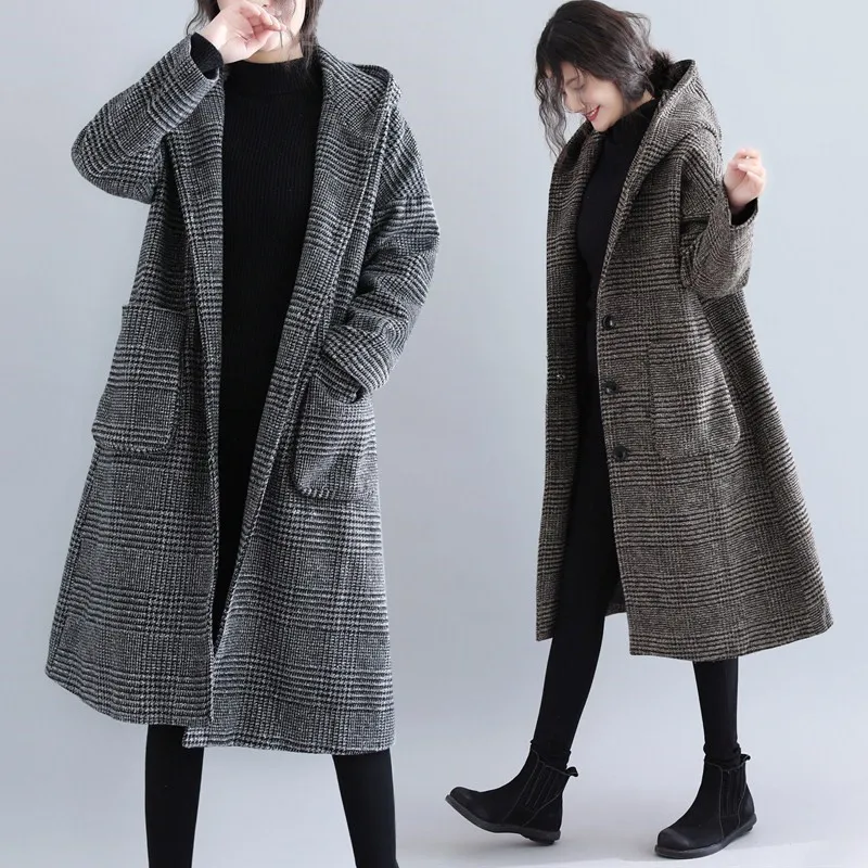 

2020 Autumn Winter New Plaid Woolen Coat Women Femme Fashion Vintage Loose Single-breasted Hooded Long Outerwear Female M165