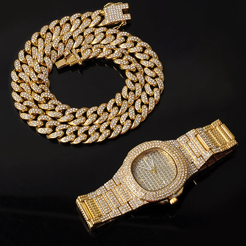 Ожерелье часы браслет хип хоп Майами Снаряженная кубинская цепочка серебро