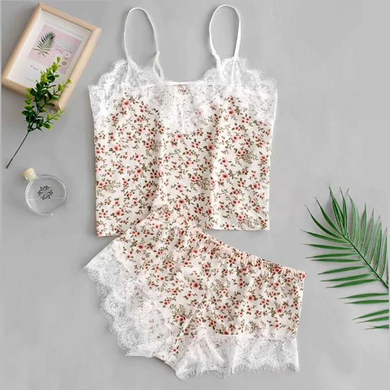 

2019 Summer women's Underwear satin silky sexy lace Camisole and shorts Cami Tiny Flower Lace Insert Pajama Set Spaghetti Strap