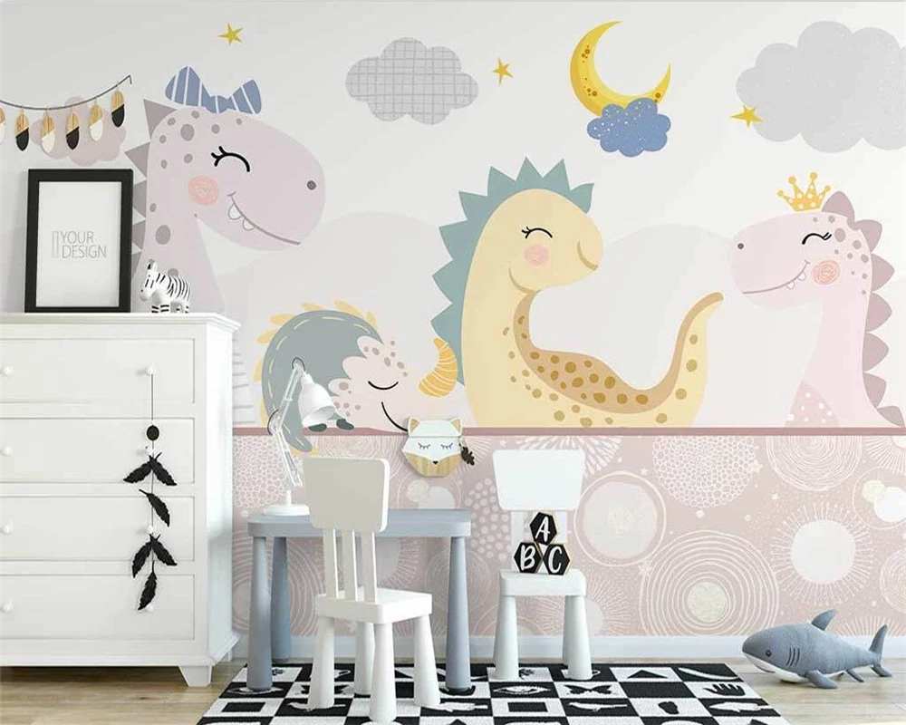 

beibehang Customize new Nordic hand-painted fresh cartoon dinosaur starry sky children's room background wallpaper papier peint