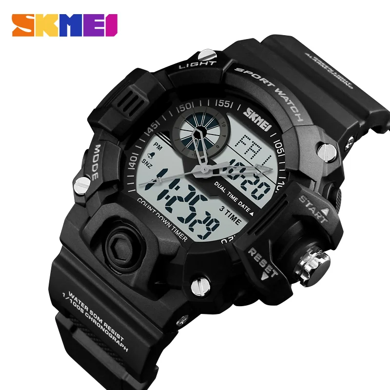 

SKMEI Men Sports 3 Time Chrono Watches Alarm EL Backlight Date Week Casual Watch Waterproof 12/24 Hour Count Down Wristwatches