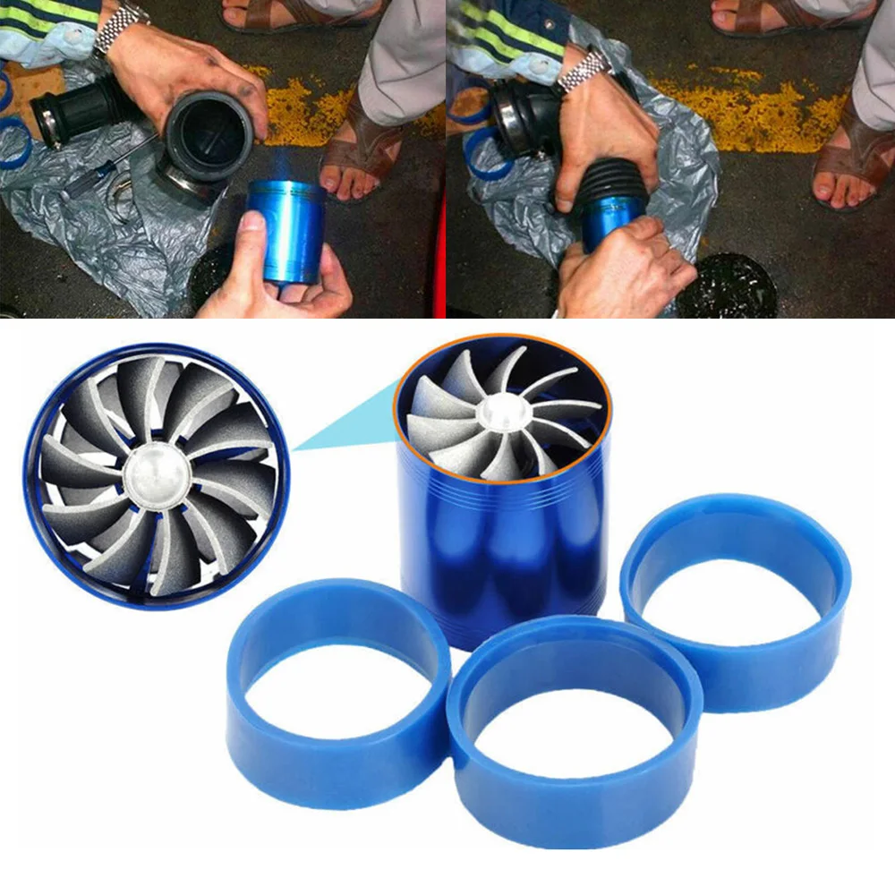 Color : Blue Turbocharger Fan Supercharger Power Air Intake Turbonator Dual Fan Turbine Gas Fuel Saver Turbo