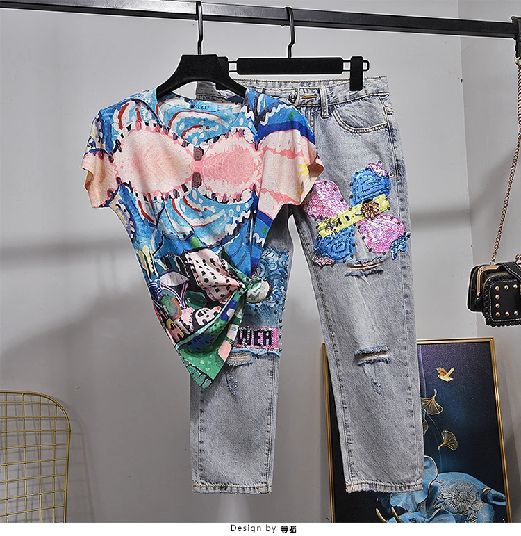 Holes Jeans Sets for Women Summer New European Retro Print Short Sleeve T-shirt + Denim Jeans Pants Two-Piece Suit Harajuku
Holes Jeans Sets for Women Summer New European Retro Print Short Sleeve T-shirt + Denim Jeans Pants Two-Piece Suit Harajuku