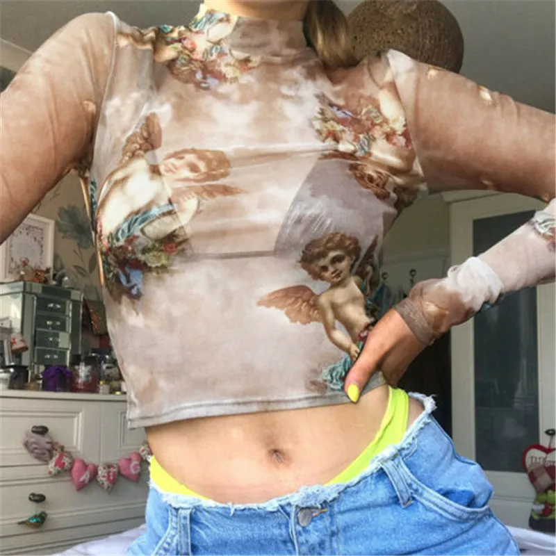Фото Женские прозрачные сетчатые кроп-топы футболка с принтом Амур эрос для леди
