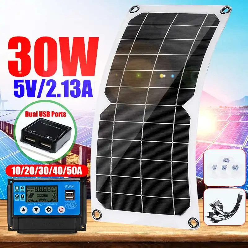 30W Dual USB Solar Battery Flexible Solar Panel + 10/20/30/40/50A Controller Solar System Kits for Fishing Boat Cabin Camping
30W Dual USB Solar Battery Flexible Solar Panel + 10/20/30/40/50A Controller Solar System Kits for Fishing Boat Cabin Camping