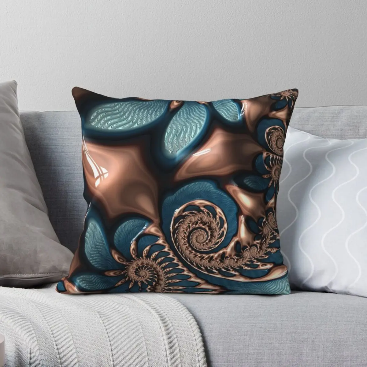 

Teal And Chocolate Swirl Blue Brown Fractal Spirals Square Pillowcase Polyester Linen Velvet Zip Decorative Pillow Case Home