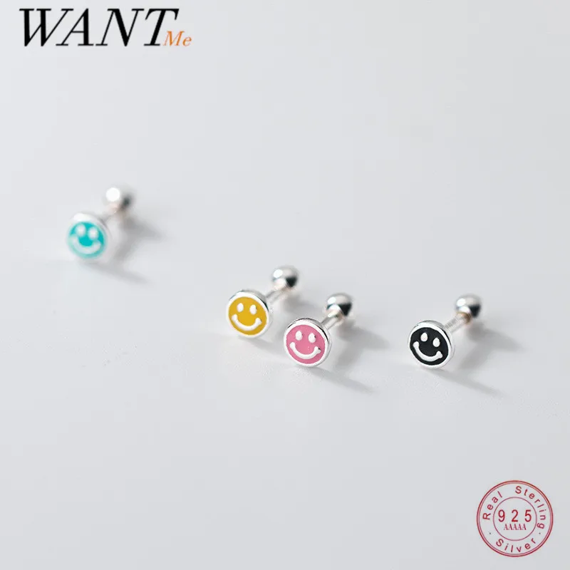 

WANTME 925 Sterling Silver Enamel Round Lucky Smile Stud Earrings for Women Fashion Simple Korean Expression Piercing Jewelry