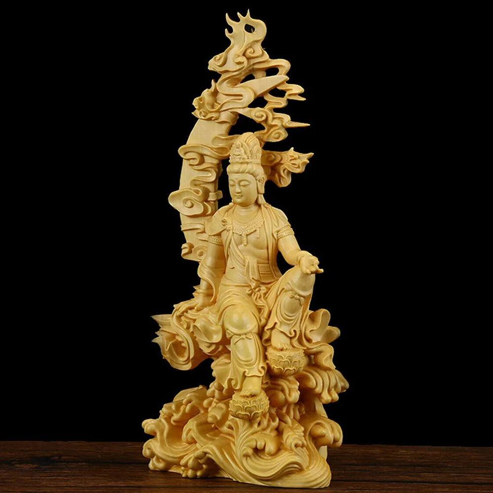 Chinese Carving Crafts Kwan-yin Guanyin Buddha Statue Bodhisattva Sculpture Craft Wood Home Living Room Decor