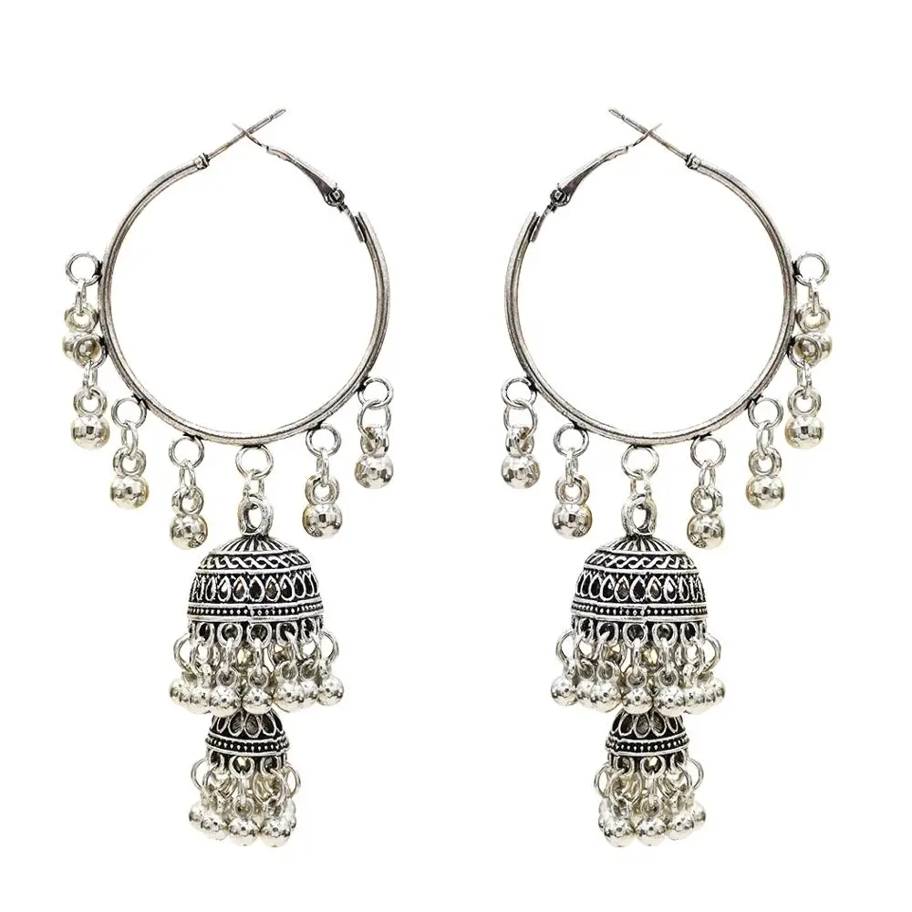 Фото Indian Jhumka Jewelry Gold Sliver Small Bells Drop Tassel Earrings Women Girls Boho Ethnic Big Round Circle Dangling Earring | Украшения и