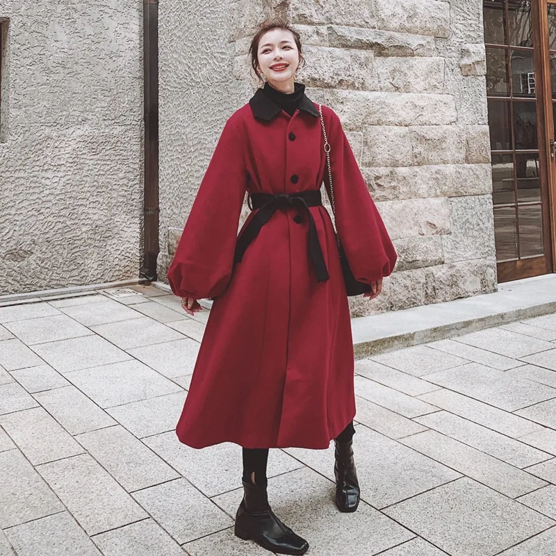 Photo Shoot Main Push Hepburn Wind Wine Red Contrast Color Fold-down Collar Single Breasted Waist Hugging Lace-up Big Hemline La
Photo Shoot Main Push Hepburn Wind Wine Red Contrast Color Fold-down Collar Single Breasted Waist Hugging Lace-up Big Hemline La