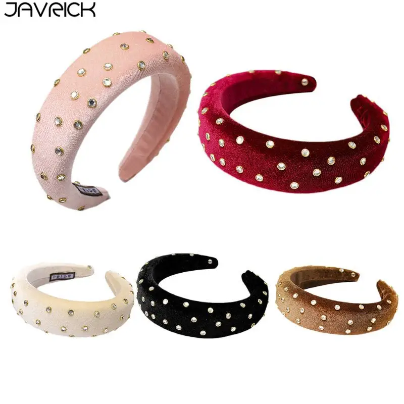 

Glitter Pleuche Solid Color Wide Headband Thicken Sponge Padded Women Hair Hoop Rhinestone Metal Ring Rivet Embellished Headwear