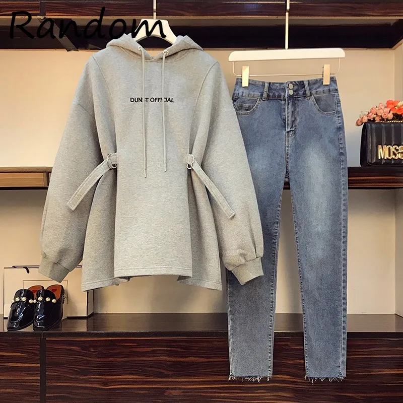 

Plus 4XL Women Sweatershirt Suit Tracksuit Hoodie Top And Denim Jean Pant Two Piece Set 2021 Winter High Street Clothing Outfits