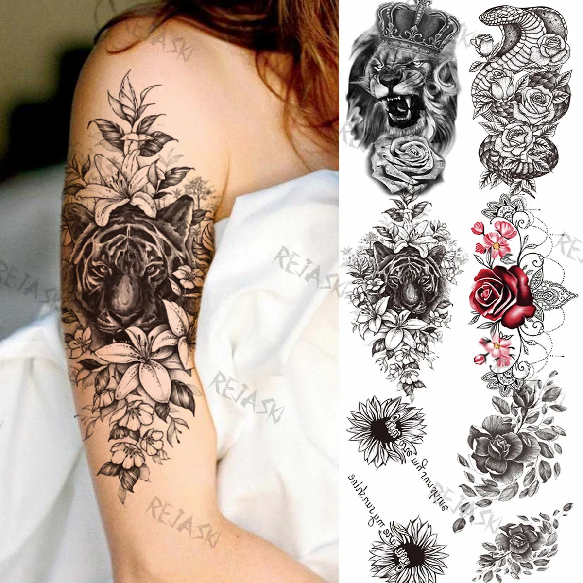 

Временные татуировки для женщин, пикантные тигр, цветок, Лев, змея, Подсолнух, искусственная татуировка, Лист Розы, боди-арт, картина, тату-наклейка