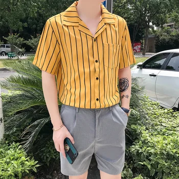 Suit Collar Pinstripe Yellow Shirts Mens Vintage Shorts Sleeves White Elegant Fashion Mens Clothing Social Casual Blouse 2020
Suit Collar Pinstripe Yellow Shirts Mens Vintage Shorts Sleeves White Elegant Fashion Mens Clothing Social Casual Blouse 2020