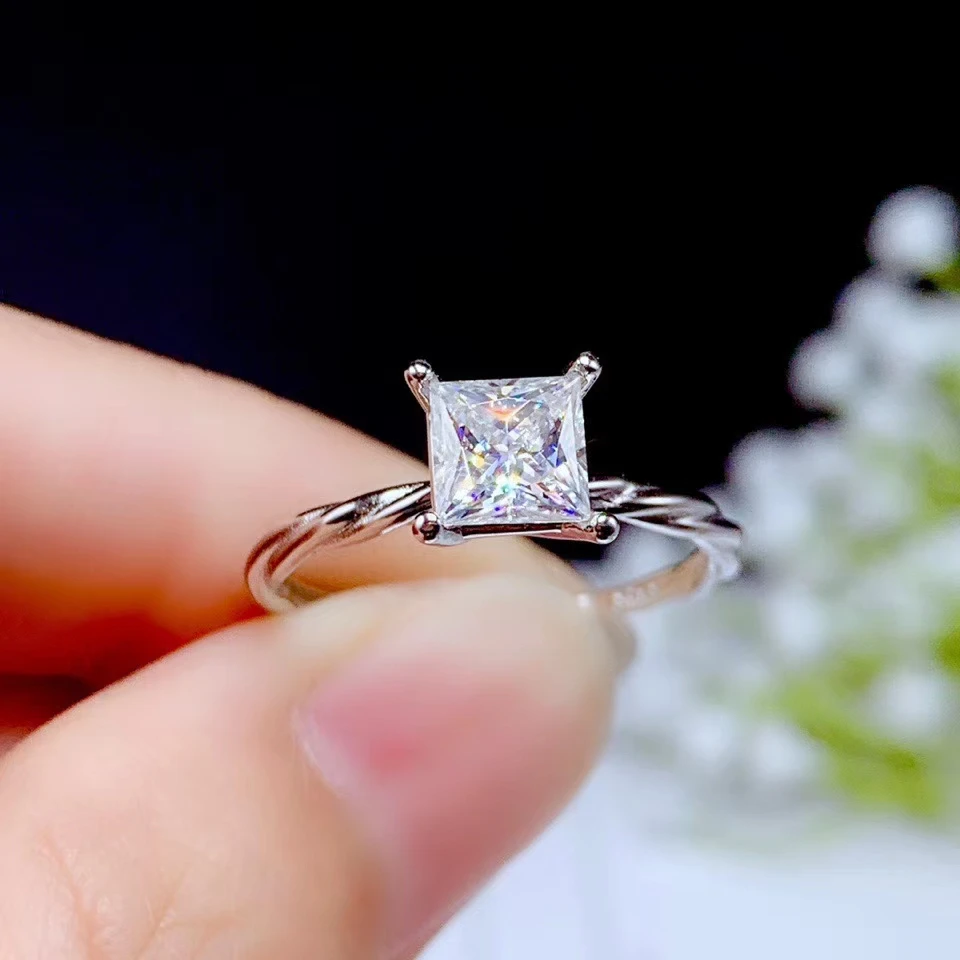 

precious square gem crackling moissanite gem ring 925 sterling silver shiny better than diamond engagement ring for wedding