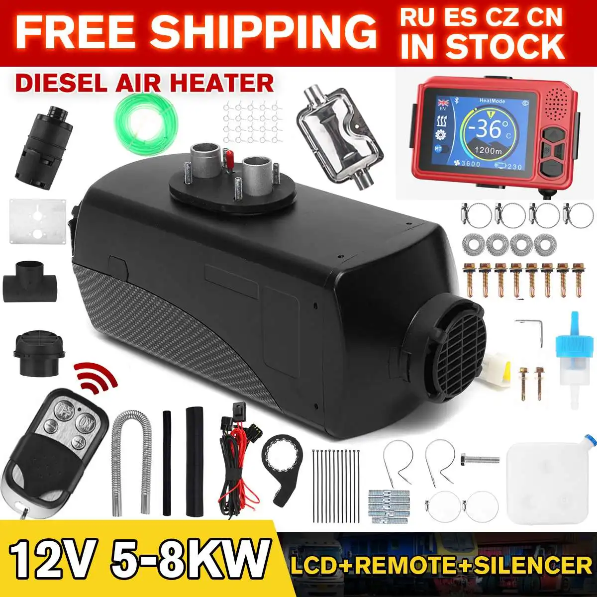 Newest 12V 5000W 5KW Voice LCD Air Diesel Fuel Heater Car Heater With Silencer for RV Car Truck Motor Home Boat Bus Motorhome
Newest 12V 5000W 5KW Voice LCD Air Diesel Fuel Heater Car Heater With Silencer for RV Car Truck Motor Home Boat Bus Motorhome