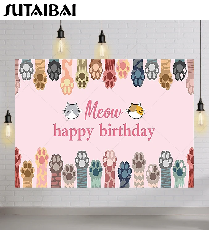 

Cute Cat Photography Backdrop Let's Party Happy Birthday Decorations Girls Supplies Photo Studio Props Background Banner