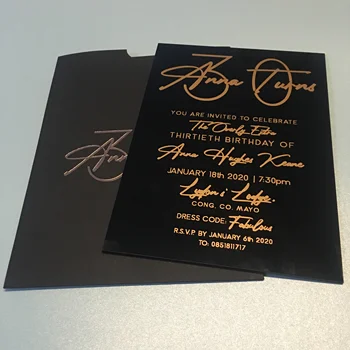 high class elegant black acrylic wedding invitation card rose gold printing with matching black envelop 
high class elegant black acrylic wedding invitation card rose gold printing with matching black envelop