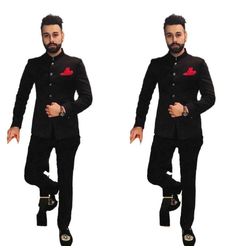 Black Men Suits with Stand Collar Terno Slim Fit Custom Wedding Tuxedo For Men Formal Groom Suits 2 Piece Jacket with Pants 2024 
Black Men Suits with Stand Collar Terno Slim Fit Custom Wedding Tuxedo For Men Formal Groom Suits 2 Piece Jacket with Pants 2024