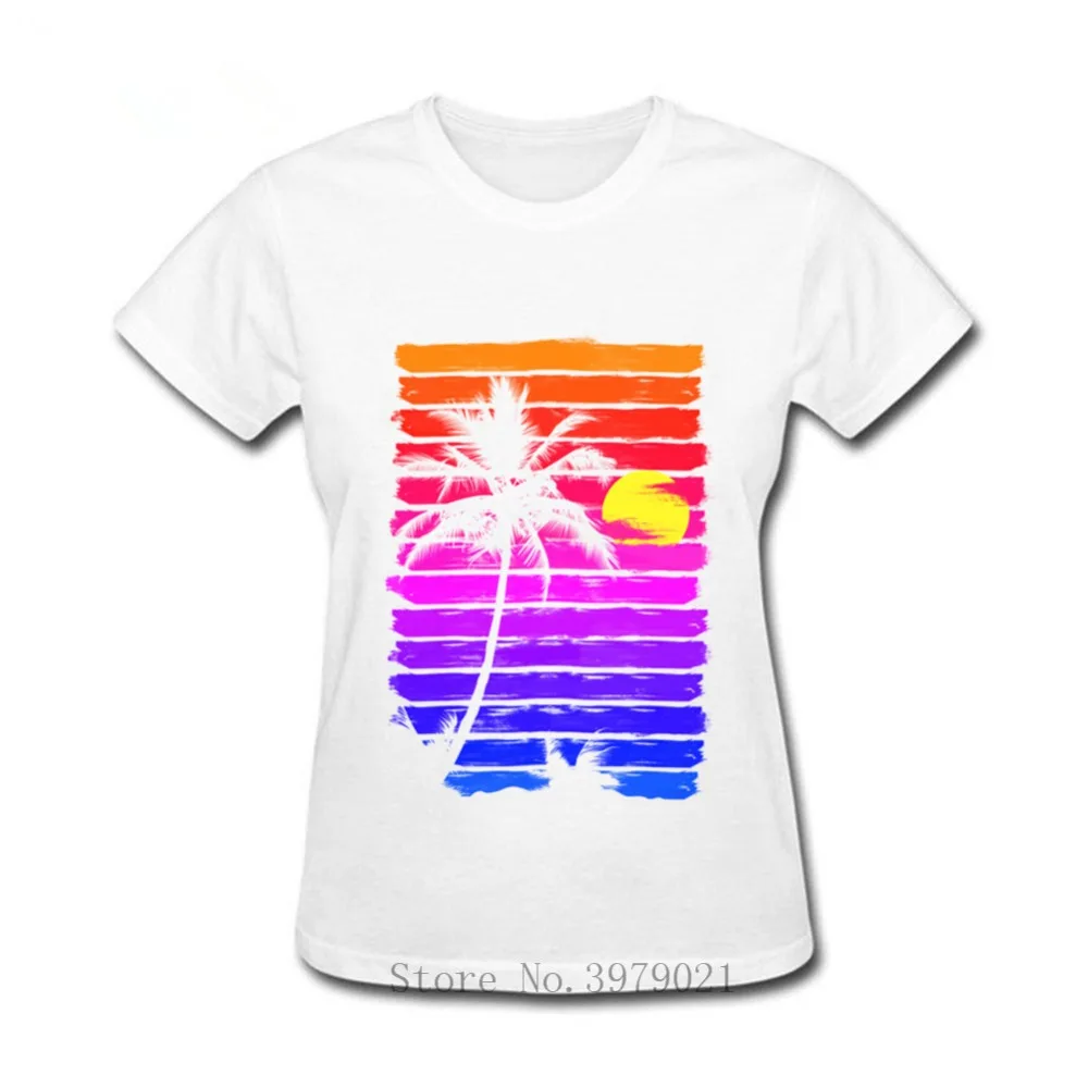 Женская футболка из чистого хлопка Ретро в стиле 80-х С закатом и силуэтом пальмы