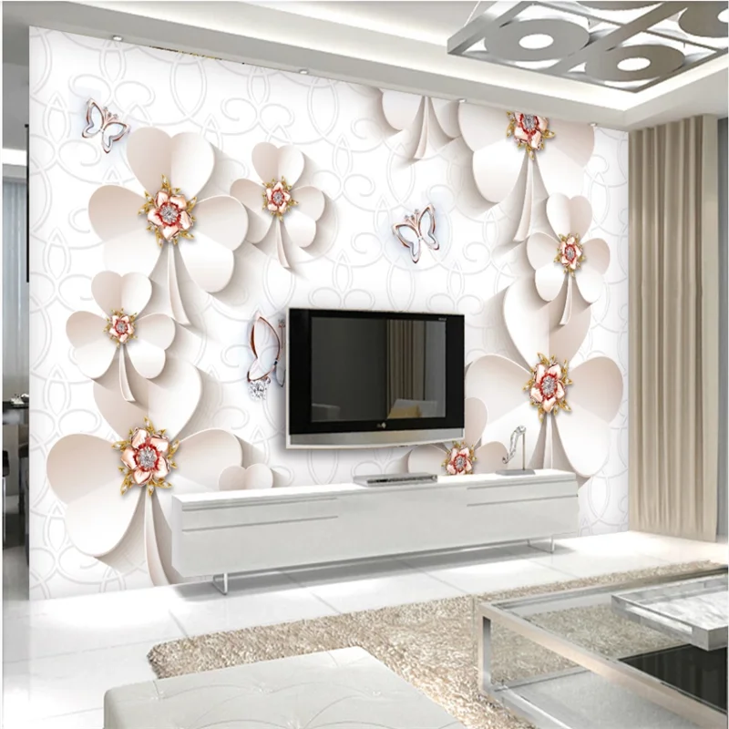 

xuesu 3d luxury golden jewelry flowers clover butterfly TV background wall custom wallpaper mural 8D waterproof wall covering