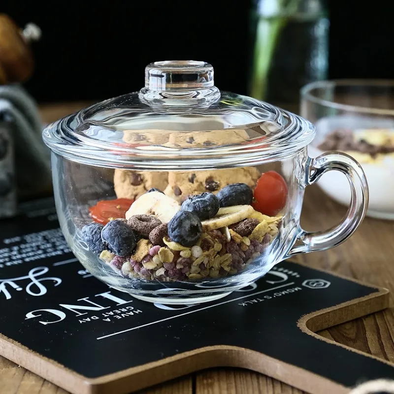 

Restaurant household large capacity heat-resistant water glass milk cup breakfast cereal cup with glass cover microwave oven