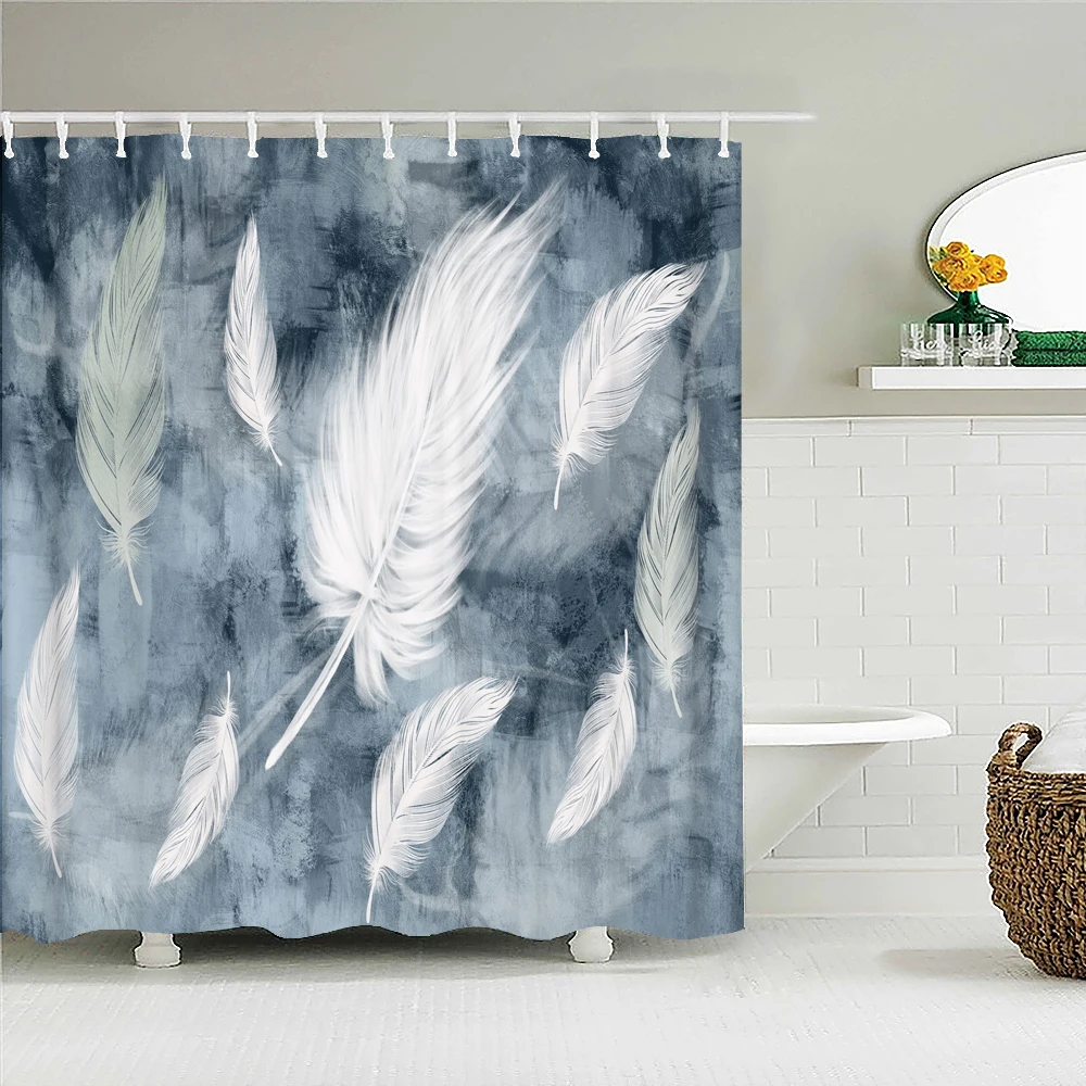 

Waterproof Fabric Bathroom Curtain Colorful Feathers 3D Printing Shower Curtains Bohemian Bathtub Screen Home Decor with Hooks